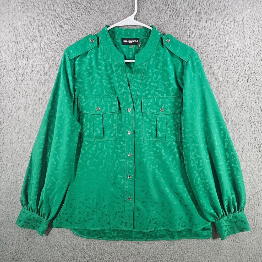 Karl Lagerfeld Paris Green Eiffel Tower Jacquard Utility Blouse Size Large